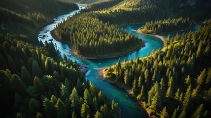 An aerial view of a winding river snaking through a lush forest. The water is a vibrant turquoise blue and the trees are a deep green. The sun shines brightly on the scene