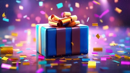 Festive gift box wrapped with ribbon amidst colorful confetti for celebration and giveaway theme