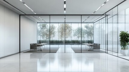 Modern office space featuring glass walls and minimalist design, overlooking greenery.