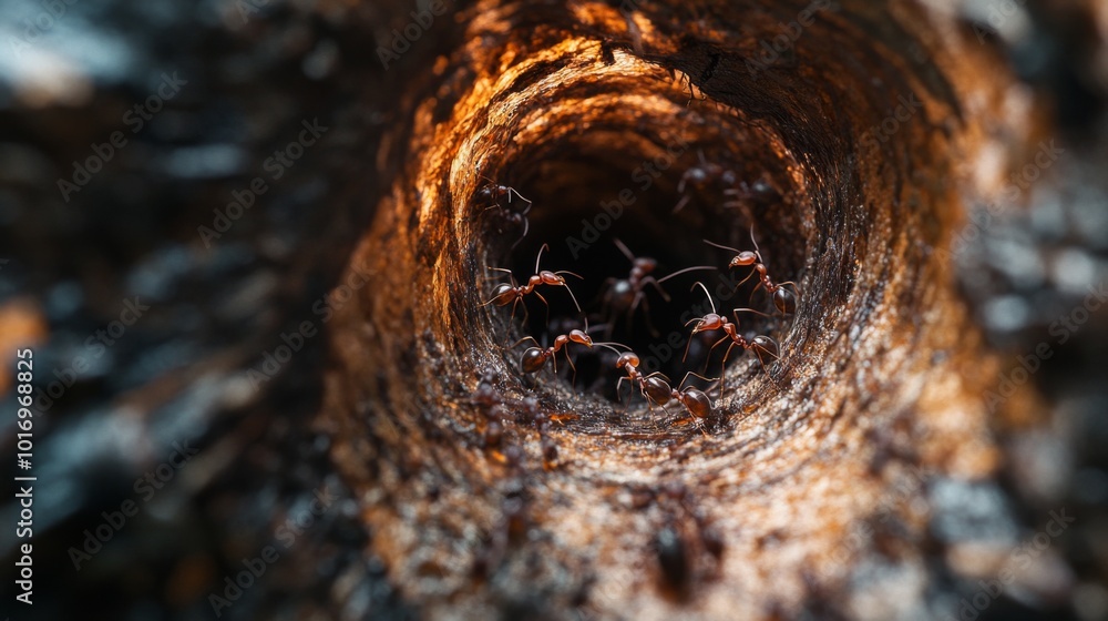 Poster ants moving through tree hollow in nature scene