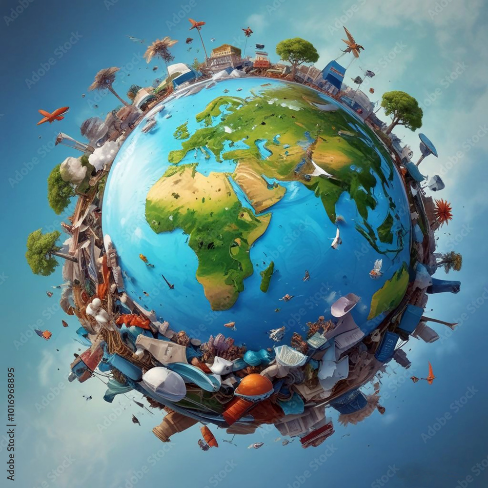 Wall mural realistic illustration of earth globe surround with plastic pollution with blue sky.