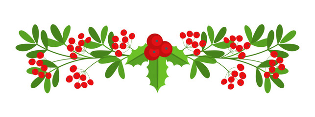 Christmas floral border. Spruce evergreen branch, poinsettia and holly berry