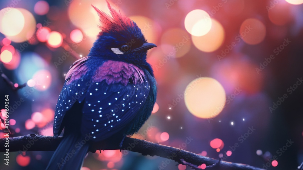 Poster vibrant bird sitting on branch with colorful background