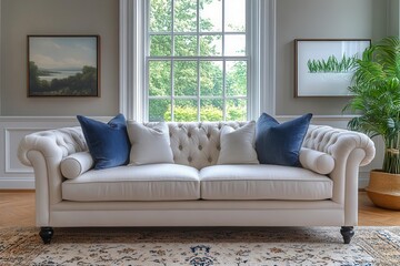 Fototapeta premium elegant living room detail showcasing a plush sofa area rug and stylish modern furniture soft lighting adds warmth to the luxurious ambiance creating an inviting and comfortable space