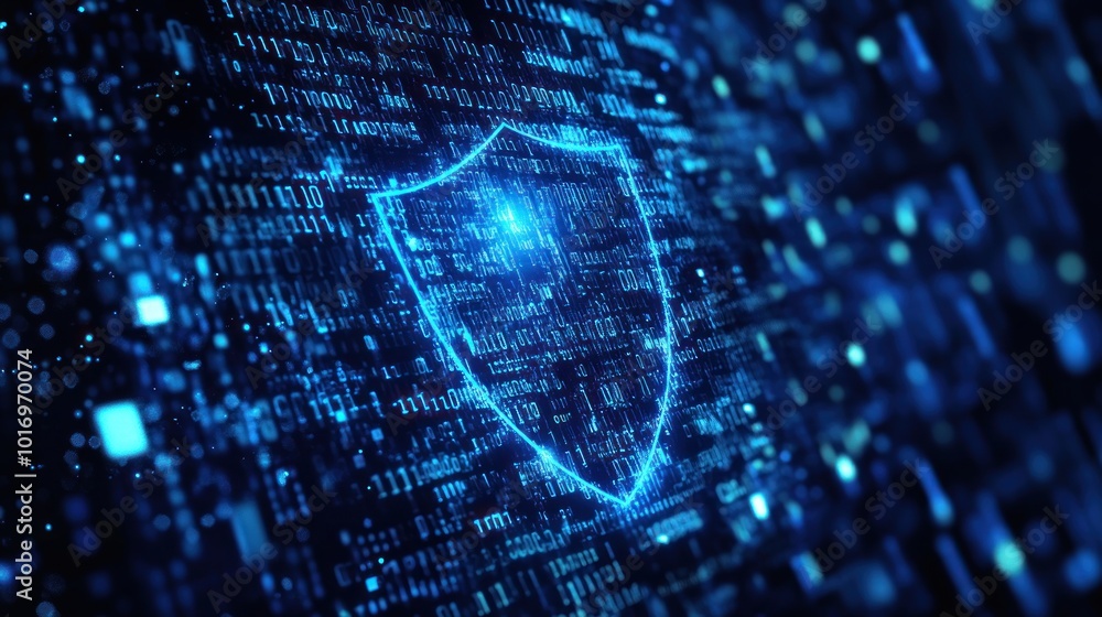 Poster digital shield symbolizing cybersecurity amidst a network of data streams.