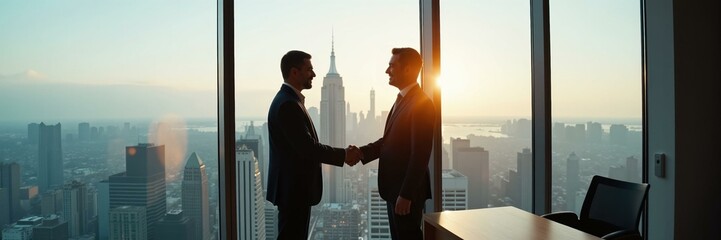Fototapeta premium Businessmen shaking hands in a skyscraper at sunset - Successful Partnership - Corporate Deal