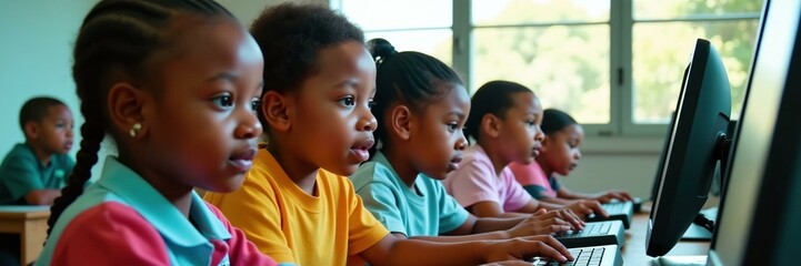 Obraz premium Diverse Elementary Students in School Computer Lab Developing Critical Digital Literacy Skills