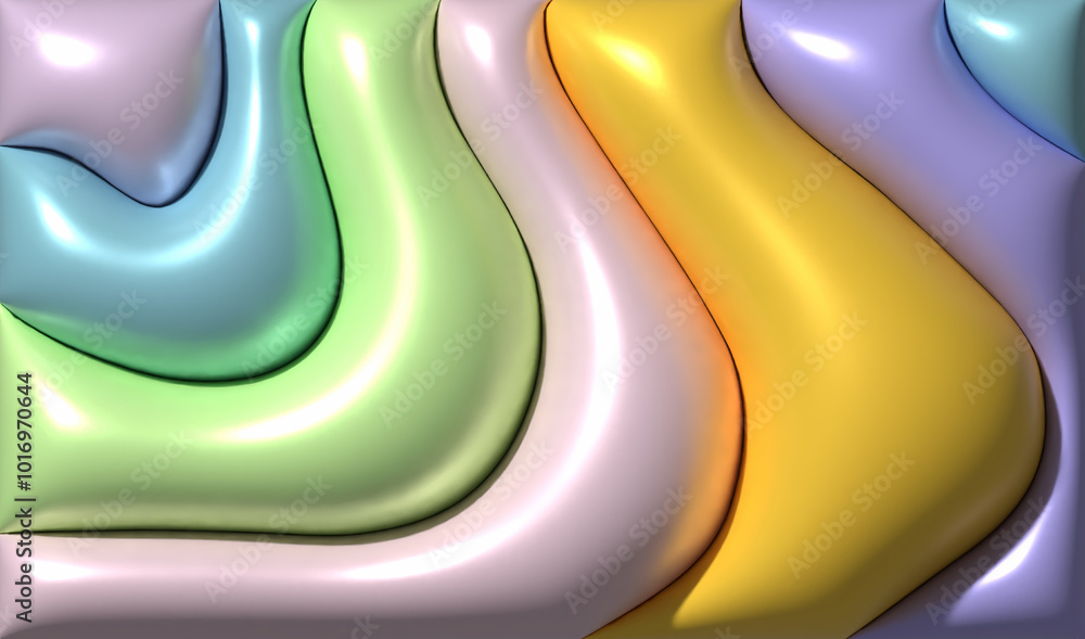 Poster multicolored inflated figures with shiny surface, 3d rendering illustration