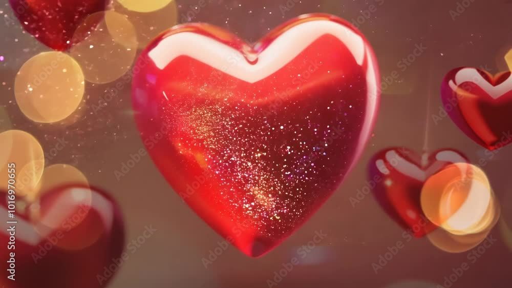 Poster three red hearts hanging from a string. the hearts are all different sizes and are hanging at differ