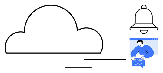 Cloud outline with lines representing speed. Nearby, a notification bell and a person with a cashback sign are visible. Ideal for technology, online services, notifications, digital marketing