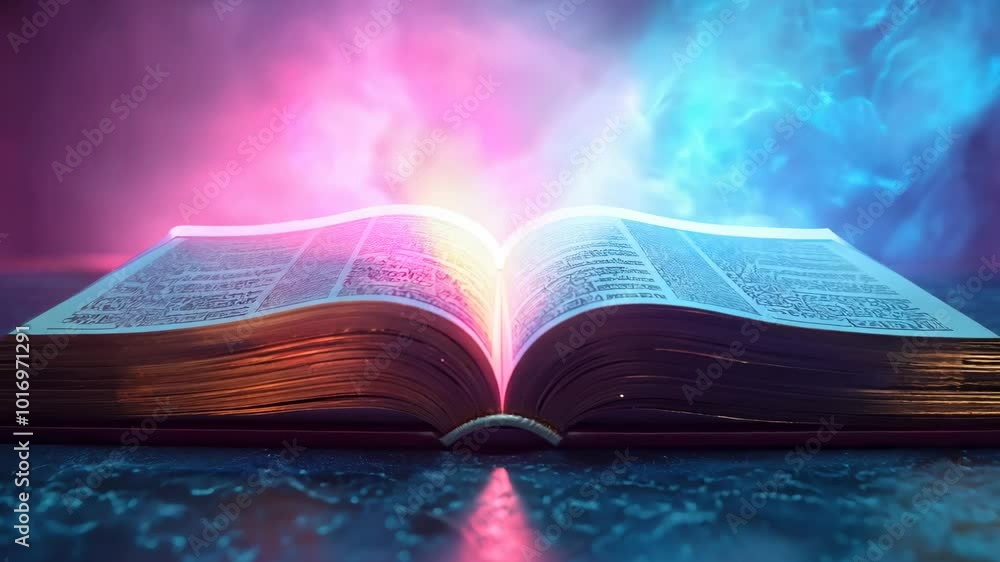 Poster a book is open to a page with a blue and purple background. the book is illuminated by a light sourc