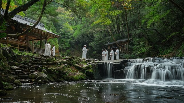 A serene image of worshippers performing the Misogi purification ritual at a Shinto shrine. Participants, dressed in white garments, stand under a cascading waterfall with hands clasped in prayer