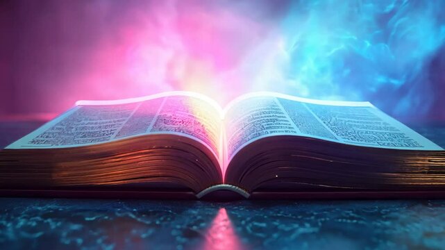 A book is open to a page with a blue and purple background. The book is illuminated by a light source, creating a sense of mystery and intrigue. The scene evokes a feeling of curiosity and wonder