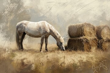 Fototapeta premium A serene pastoral image of a horse peacefully grazing beside a stack of freshly harvested hay bales. The soft, muted colors and composition convey a sense of tranquility