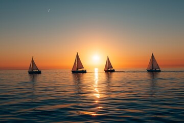 Fototapeta premium White/Oak Riviera sunset, with warm hues reflecting off calm waters, highlighting the silhouette of sailboats against the horizon. The blend of soft white and oak tones creates a tranquil