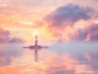 A serene seascape reveals a lone lighthouse standing tall amidst the fading storm clouds, its beacon illuminating the tranquil waters