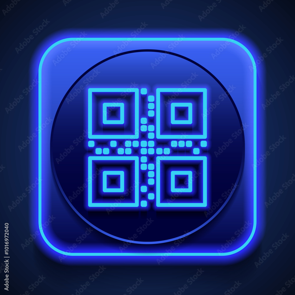 Poster qr code simple icon. flat design. blue neon style on button. with shadow