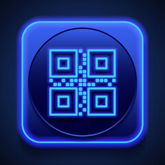 QR code simple icon. Flat design. Blue neon style on button. With shadow