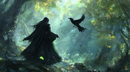 Obraz premium A fantasy scene of a witch in the woods, dressed in black with a raven on her shoulder, set in a mysterious and magical forest.