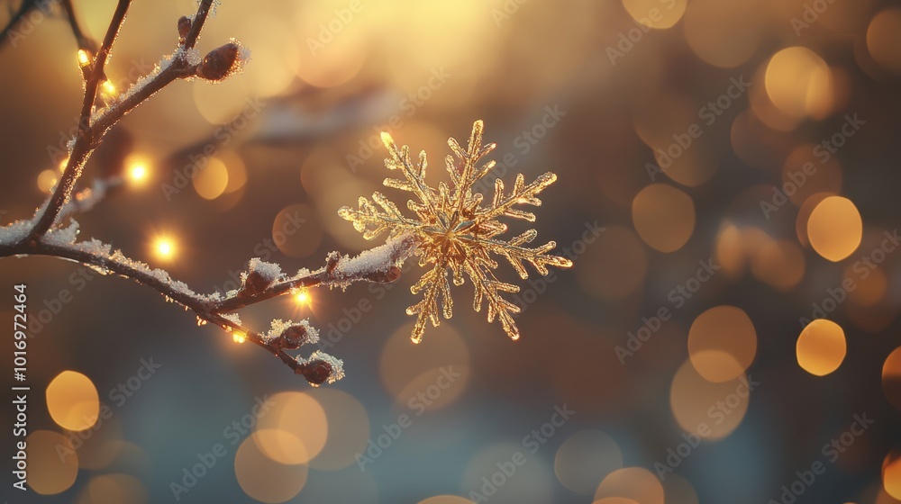 Poster a frosty branch adorned with a golden snowflake, bathed in the soft glow of bokeh lights. a magical 