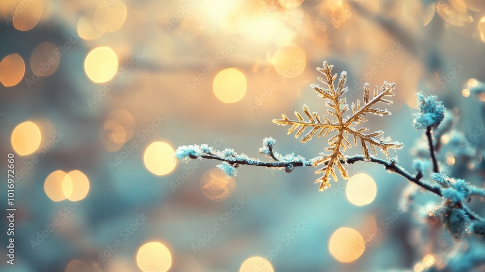 Poster a frosty branch adorned with a golden snowflake, bathed in the soft glow of bokeh lights. a magical 