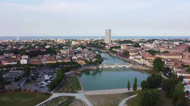 View over the Bridge of Tiberius, iconic landmark in Rimini, Italy