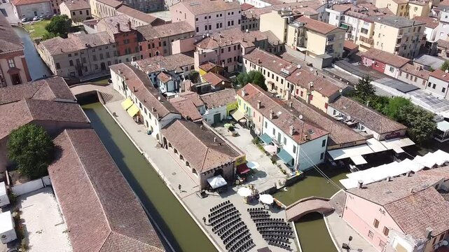 View over the Trepponti Bridge, iconic landmark in Comacchio, Italy