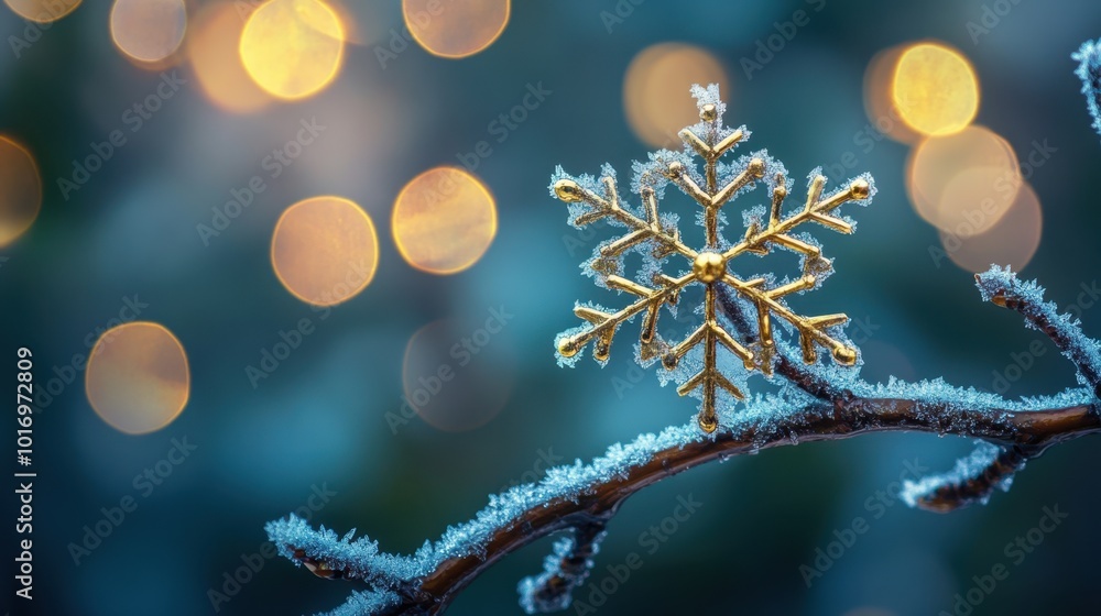 Poster a frosty branch decorated with a golden snowflake, with bokeh lights softly illuminating the backgro