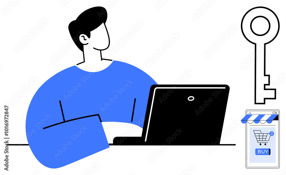 Poster person sitting at a desk with computer. large key and small online store icon visible. ideal for onl