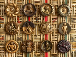 Fototapeta premium A set of Akan goldweights arranged on a traditional woven mat. Each goldweight depicts different symbolic forms, such as animals, human figures, and abstract shapes. The collection