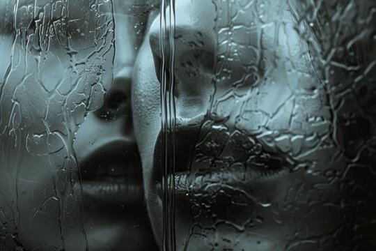 A set of lips pressed against frosted glass, their breath leaving fogged imprints as they desperately gasp for air. Behind the glass, distorted faces leer with sinister intent, their eyes gleaming