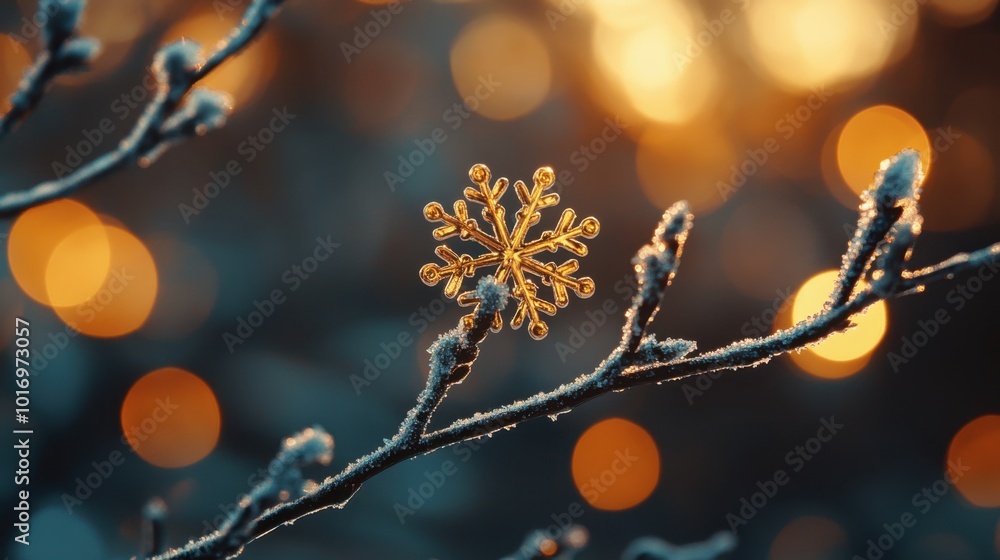 Poster a frosty branch decorated with a golden snowflake, with bokeh lights softly illuminating the backgro
