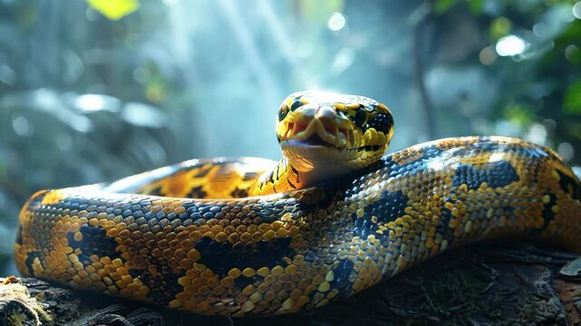 A snake is curled up on a log in the forest. The snake is yellow and black with a black head