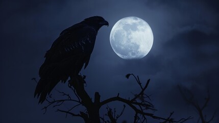 Obraz premium A silhouette of a raptor against the moonlit sky, highlighting the stealth and nocturnal prowess of these creatures. The image draws inspiration from atmospheric night photography