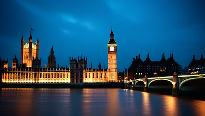 Naklejka premium iconic houses parliament building london surrounded famous clock tower known big ben features vintage bus crossing westminster bridge