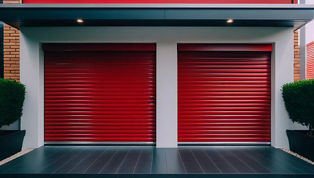 lower level residence features automatic red roller shutters cover exterior entrance doors
