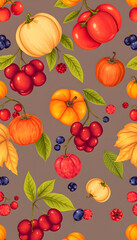 Falling fruits and berries, seamless pattern isolated with white highlights, png