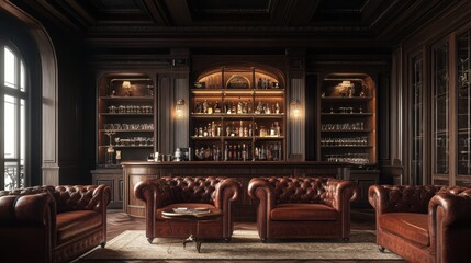 A luxurious vintage bar with rich wood finishes and classic Chesterfield sofas, ideal for a sophisticated and elegant lounge space.