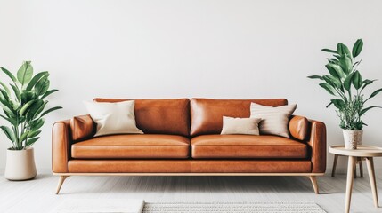 Modern Leather Sofa with Green Plants in Bright Room