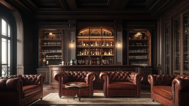 A luxurious vintage bar with rich wood finishes and classic Chesterfield sofas, ideal for a sophisticated and elegant lounge space.