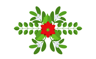 Christmas floral border. Spruce evergreen branch, poinsettia and holly berry