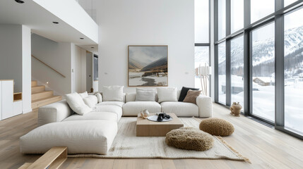 Modern living room featuring spacious, cozy design with large sectional sofa, natural light, and serene winter landscape view. minimalist decor creates warm and inviting atmosphere