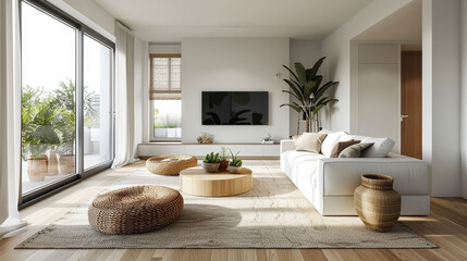 Modern living room featuring Scandinavian style with natural elements, cozy atmosphere, and stylish decor. space includes plants, round coffee table, and comfortable seating