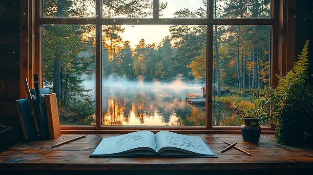 Open book on wooden desk with forest view through the window. Seamless looping 4K video background