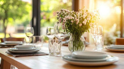 Elegant Table Setting with Flowers in Sunlight