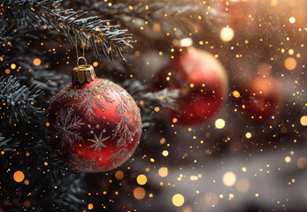 Red christmas bauble with silver snowflake patterns hanging on a snowy fir tree branch with warm bokeh lights in the background