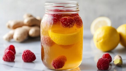 Kombucha in a glass jar with floating raspberries, isolated on a marble surface with fresh ginger and lemon zest accents