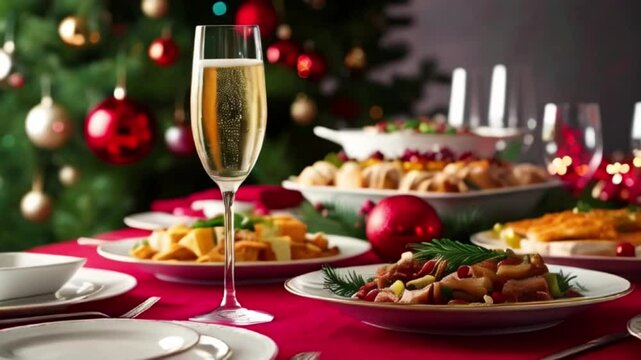Christmas. Festive table. A glass of champagne. Feast. Food and drinks. Buffet on dinner table blurs background concept of Christmas, Food buffet for the holidays, Festive, created with generative ai