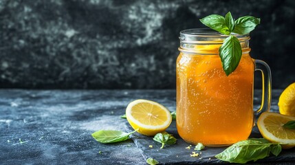 Fototapeta premium Sparkling kombucha in a mason jar with lemon slices and basil leaves, isolated on a dark background with decorative citrus zest
