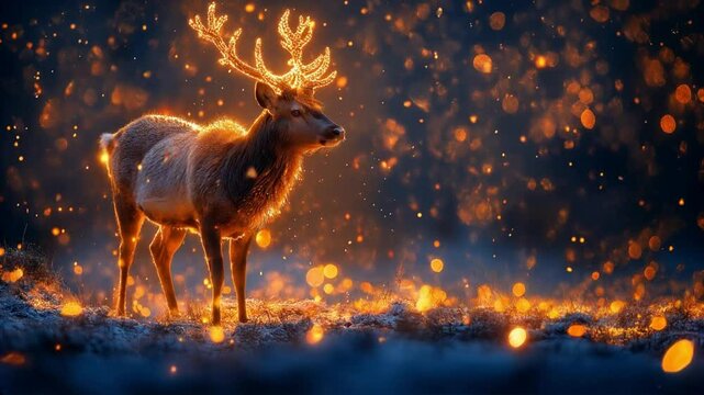 Christmas card with deer and glowing lights, hd high quality.